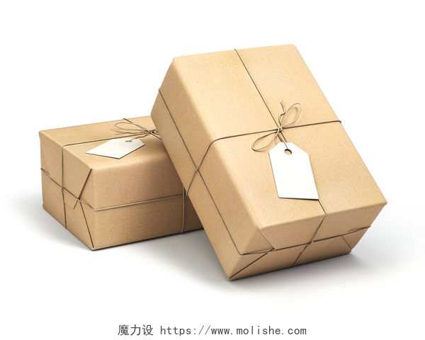 白色背景上用牛皮纸包裹的盒子特写包裹包装盒,用工艺用纸包裹,空白标签与白色隔离.3d说明